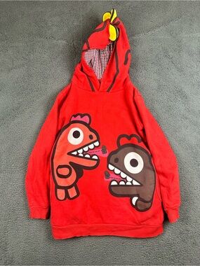 HSTYLE Red Dinosaur Graphic Hoodie Kids Small Gingham Lined Hood Spikes Pullover